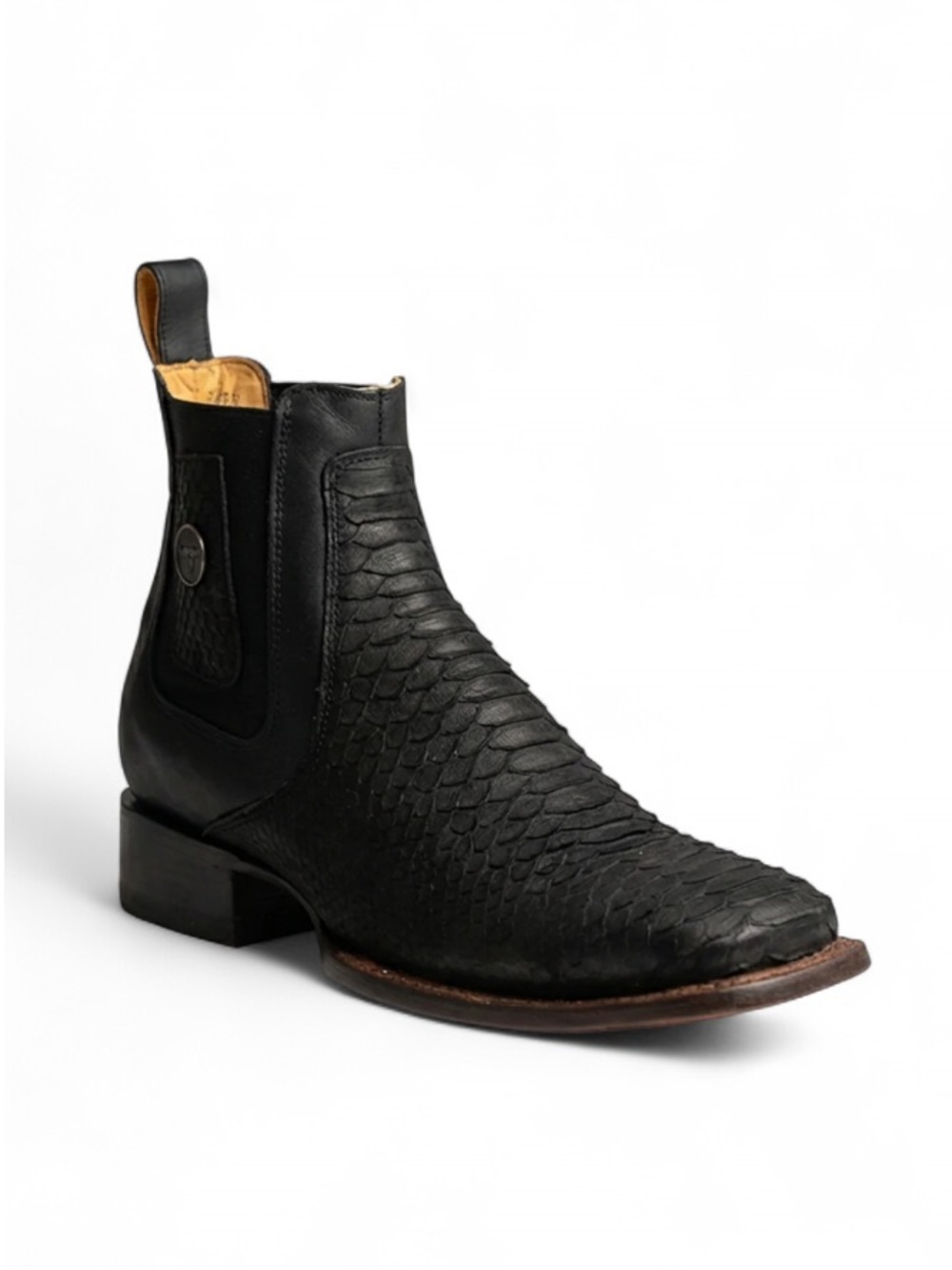 Hooch Black Genuine Leather Python Print Short Cowboy Boots Square Toe